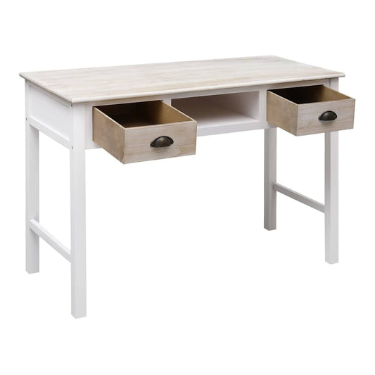 The wooden end table with both drawers extended outwards