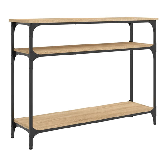 Two-shelf console table with a light wood effect top and shelves and black metal legs