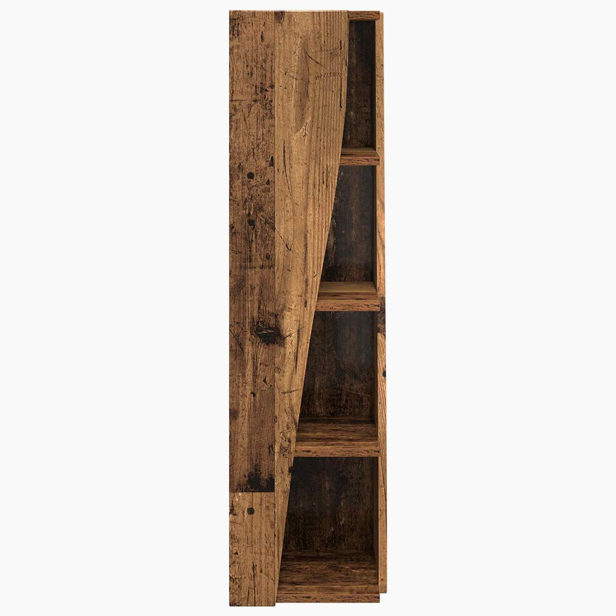 The corner storage cabinet viewed from the right side showing the open shelving structure