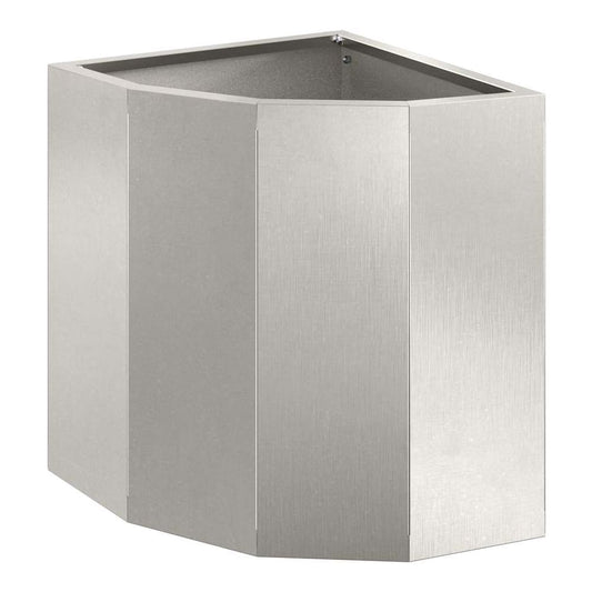 A close-up of the brushed stainless steel corner planter, showing its angular panels