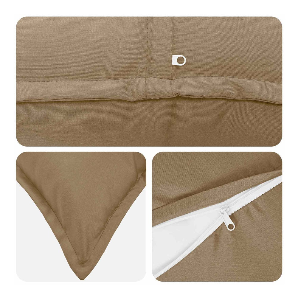 Close up details of a taupe cushion cover showing corner stitching and zip