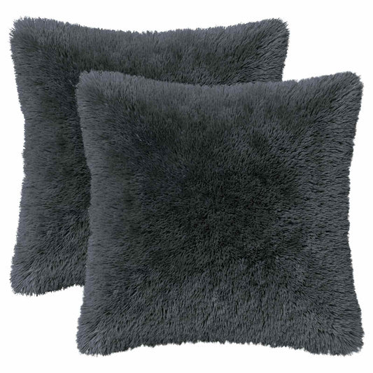 two dark grey fluffy cushions