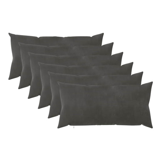 Six dark grey velvet cushions laid out in a row