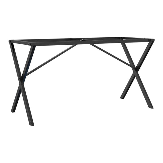 The black steel X-frame table legs are shown from the front