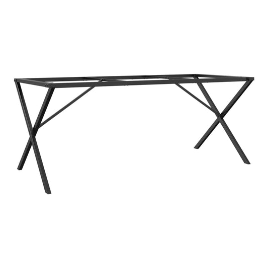 The black steel dining table legs with an X-frame design, shown from a low angle