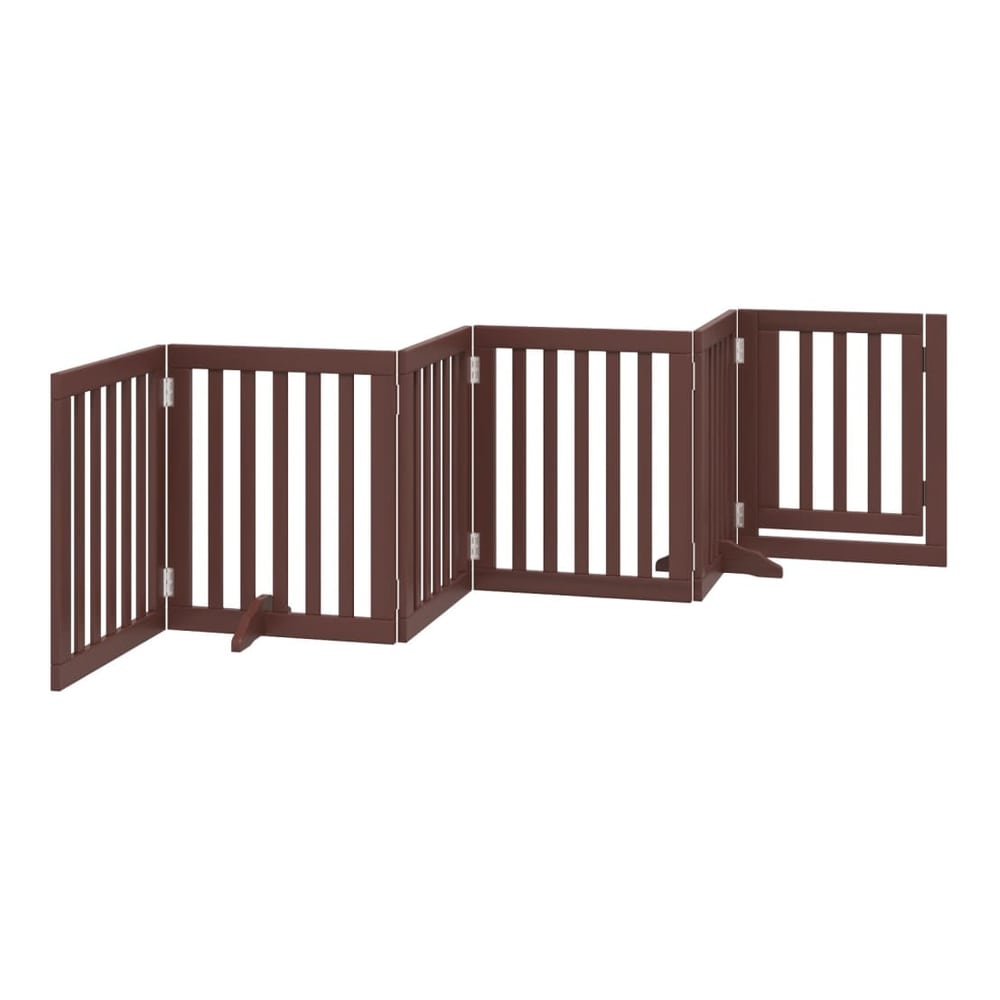 The brown wooden dog gate is shown in a U-shape configuration with the door on the left
