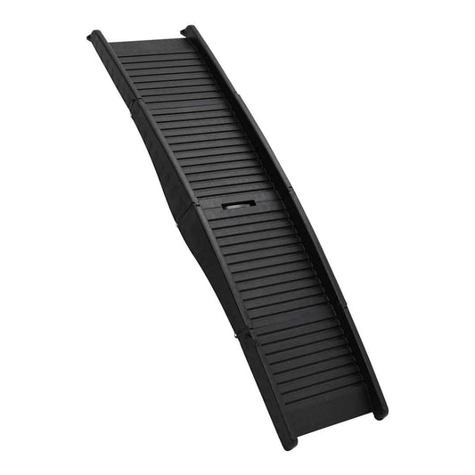 The black folding dog ramp is shown from a top-down perspective, fully extended