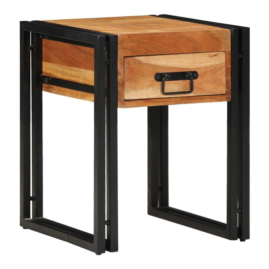 The end table seen from a slightly elevated side angle showing the drawer