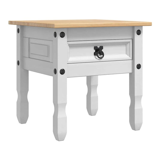 The white end table with a single drawer and a wooden top
