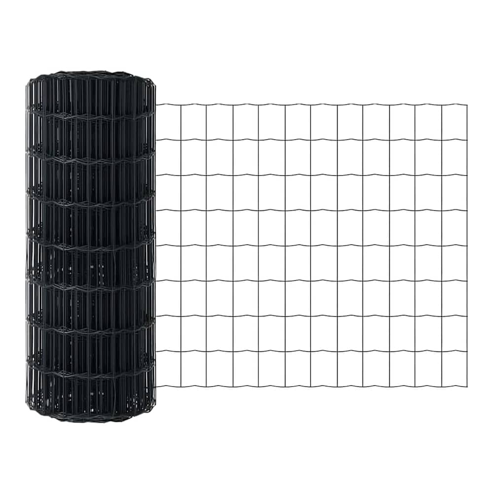 The grey wire mesh fence is unrolled to show its full width and grid pattern
