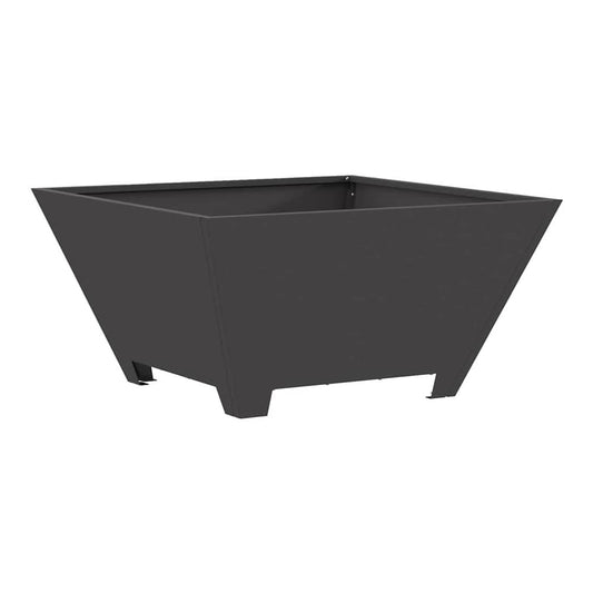 the black weathering steel fire bowl shown from the side on a white background