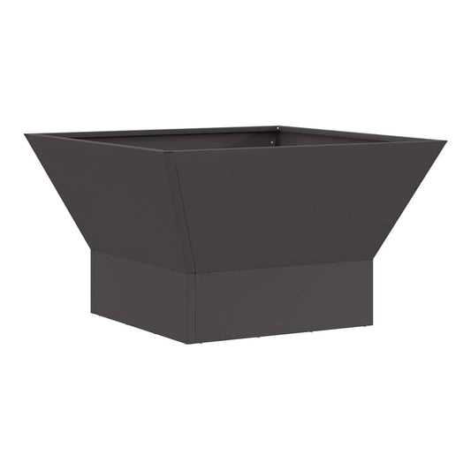 Black weathering steel fire bowl with a wide opening and square base