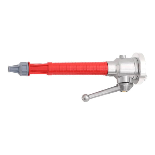 The fire hose nozzle with a red grip and silver metal parts, shown from the side