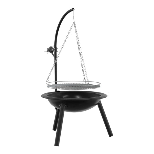 The outdoor grill shown from a side angle with the circular fire bowl and hanging grate