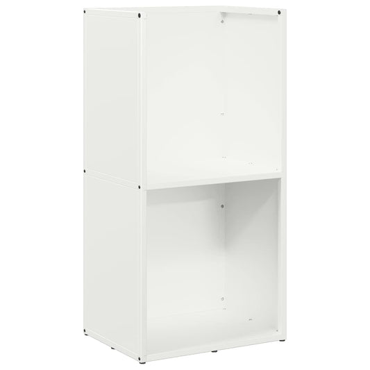 The white firewood rack with two open shelves, showing the inside construction