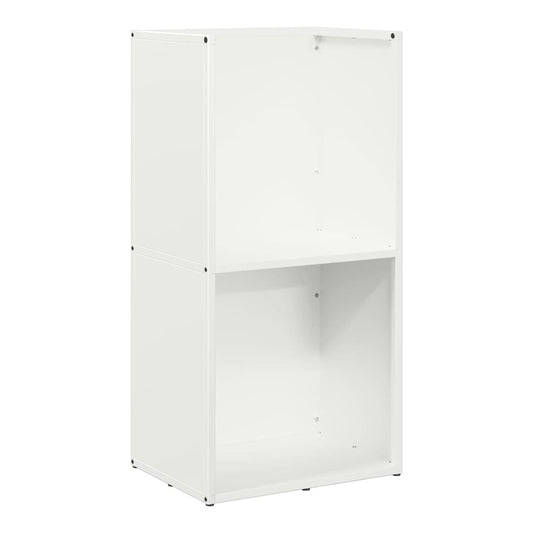 The white firewood rack with two open shelves, showing the inside construction
