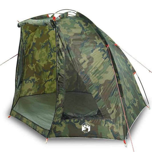 The camouflage fishing tent with the entrance flap open, showing the interior