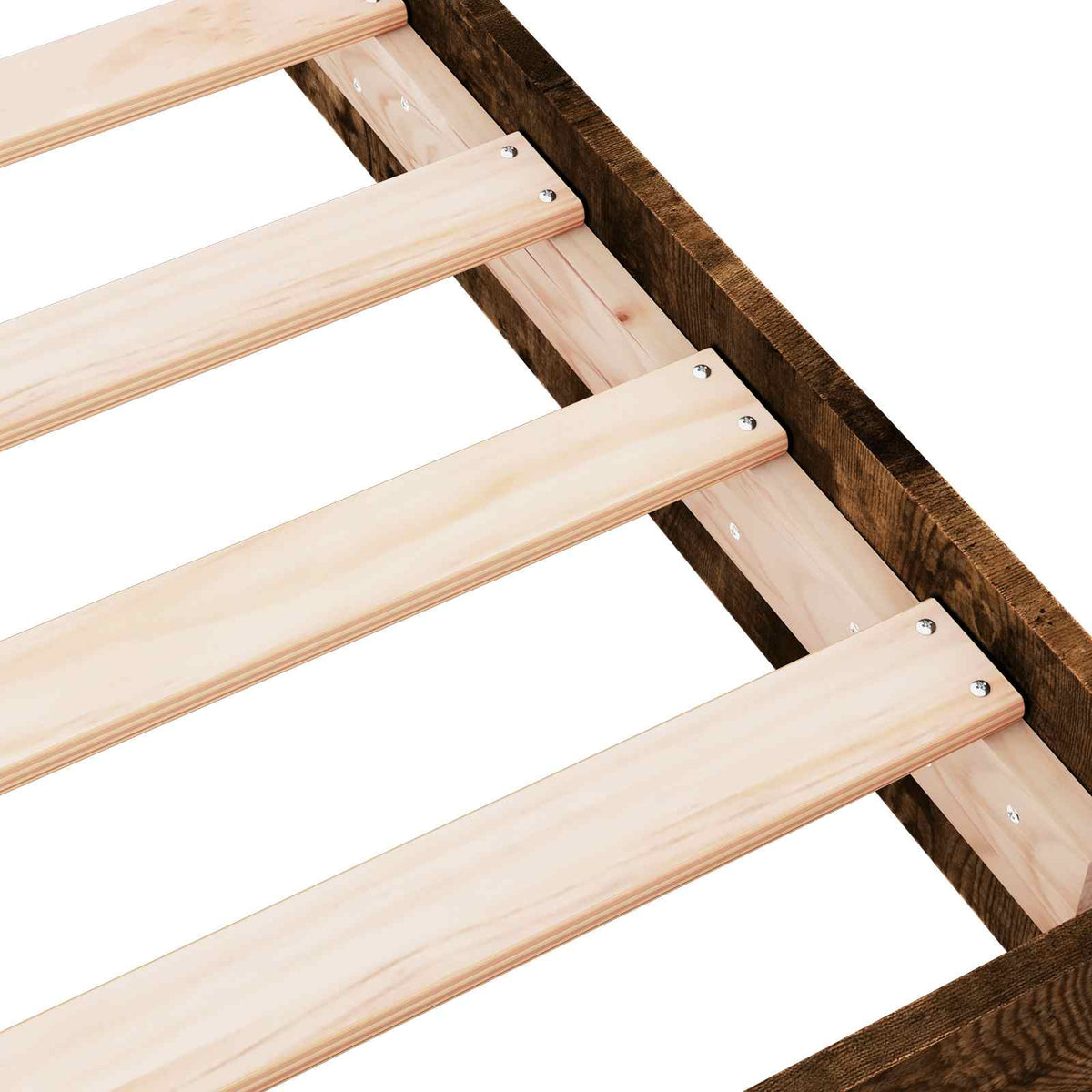 Close-up of the wooden slats and frame of the floor bed, showing construction details
