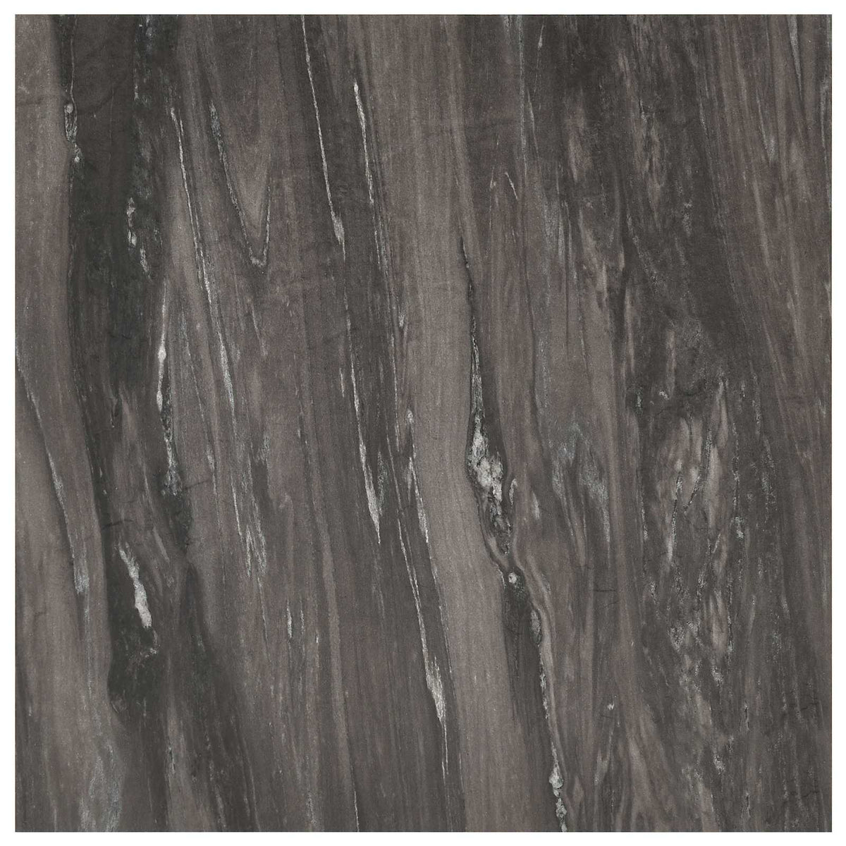 The flooring planks close up to highlight the intricate dark grey marbled surface finish