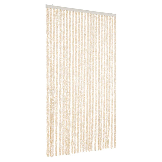 beige and white chenille fly curtain hanging from a white rail