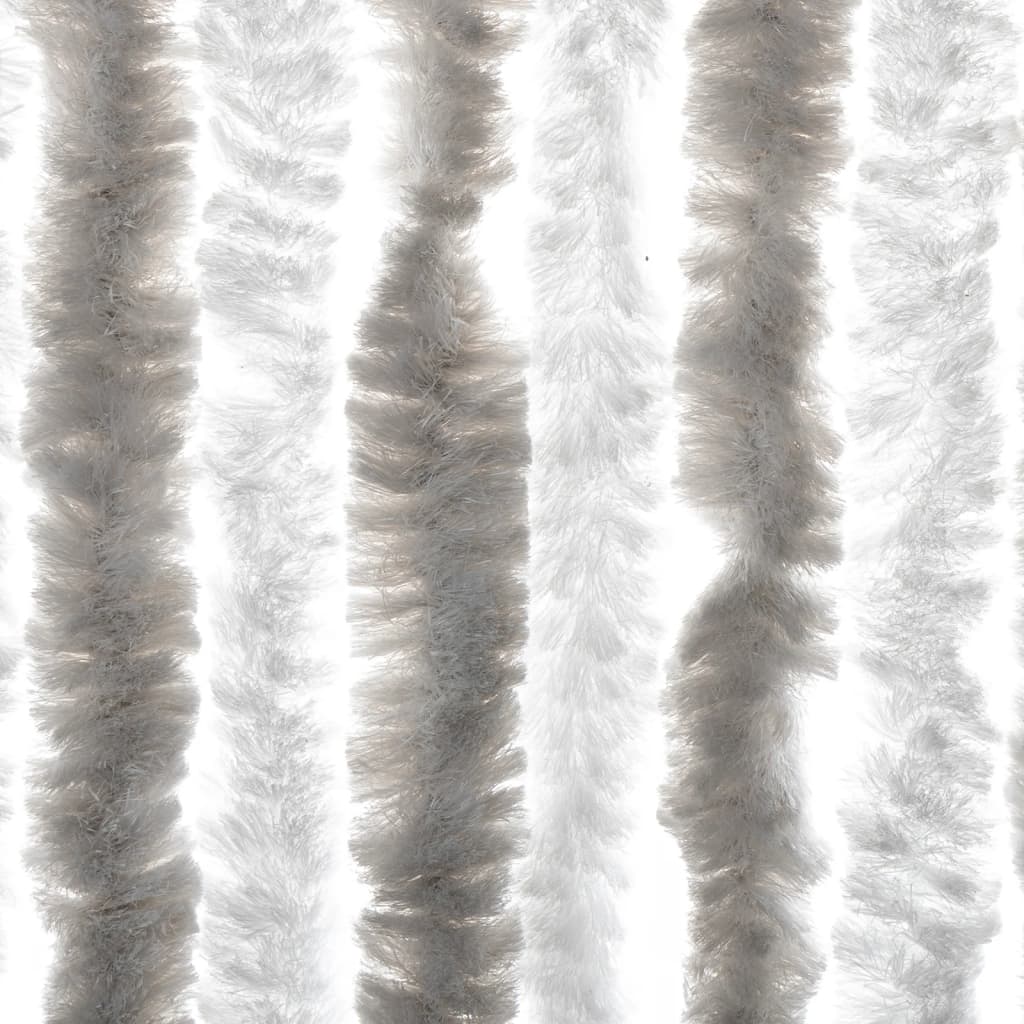 Close up of the fluffy texture of the light grey and white fly curtain strands