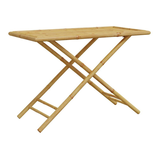 The bamboo garden table folded flat, showing its X-shaped legs and slatted top