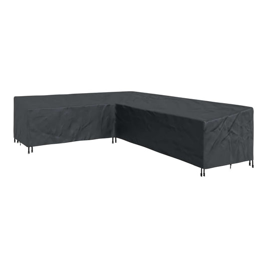 The L-shaped outdoor furniture cover is shown from a side angle on a wooden deck