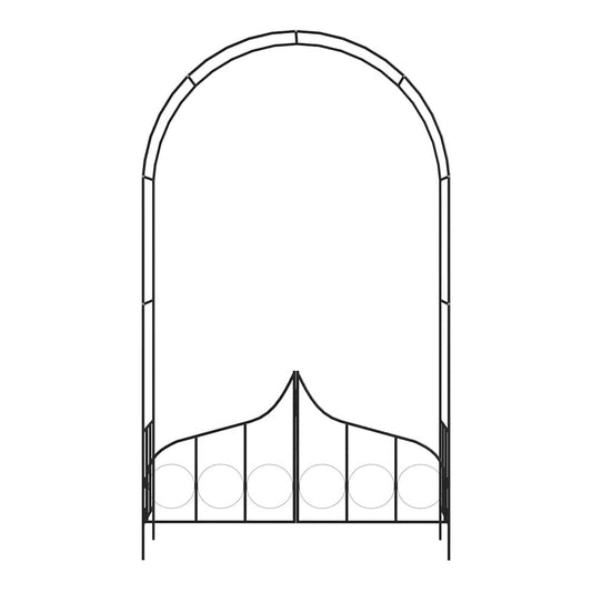 A black iron garden arch with a gate, showing the full structure