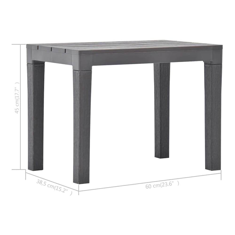 A mocca plastic garden bench with dimensions shown in cm and inches