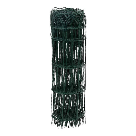 The garden border fence standing upright in a tightly coiled roll on a white background