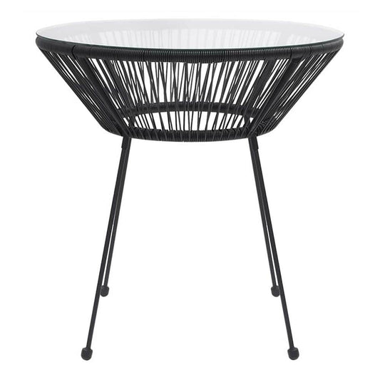The outdoor table, a black rattan and glass round table with four black metal legs