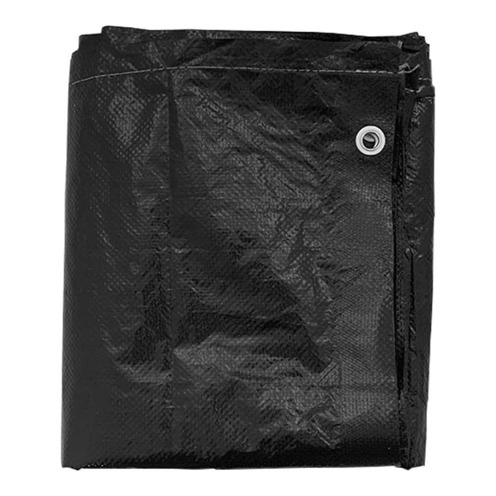 A folded black outdoor furniture cover showing an eyelet detail