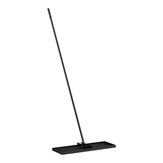 Black powder-coated steel garden leveling rake on a white background