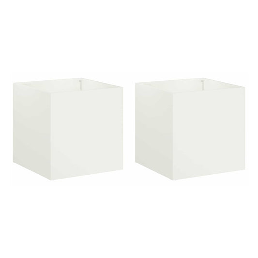 Two white cube garden planters side by side