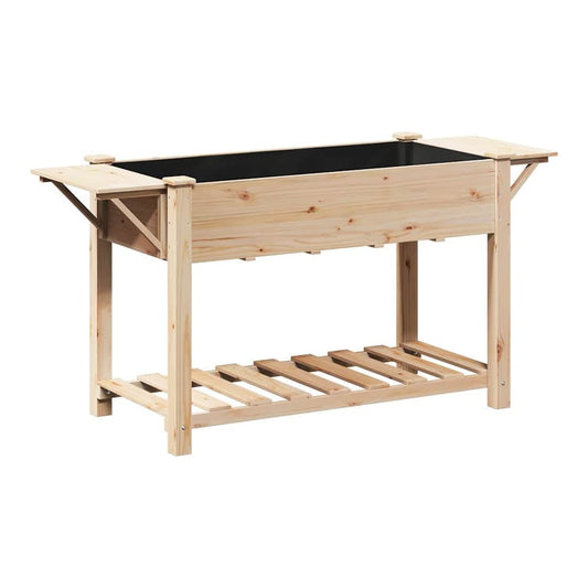 The wooden garden planter with a black liner and side shelves on a white background