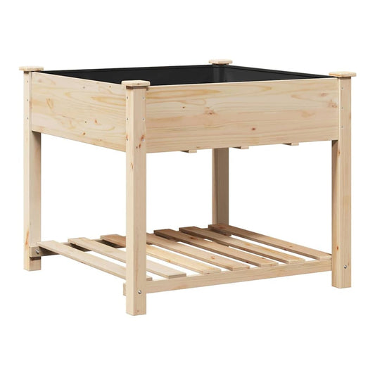 A solid fir wood garden planter with a black liner and slatted shelf underneath