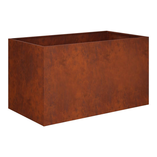 Rectangular rusty weathering steel garden planter shown from the side