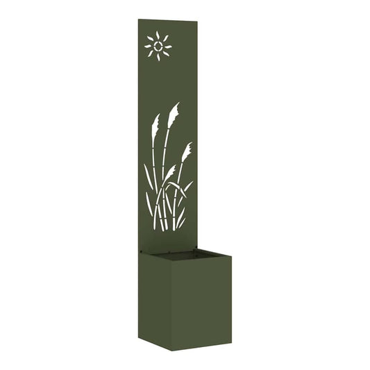 the olive green garden planter, showing the fretwork panel with a sun and reeds pattern