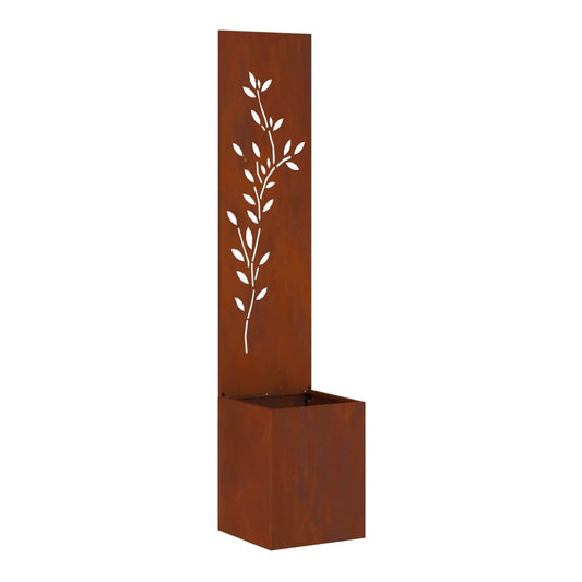 Rusty weathering steel planter with a cut-out vine design on the upper panel