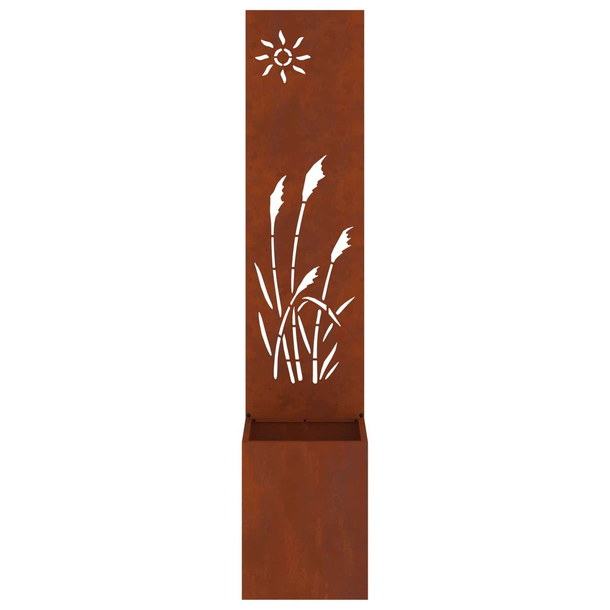 Close-up of the weathering steel garden privacy screen planter box with decorative cutouts
