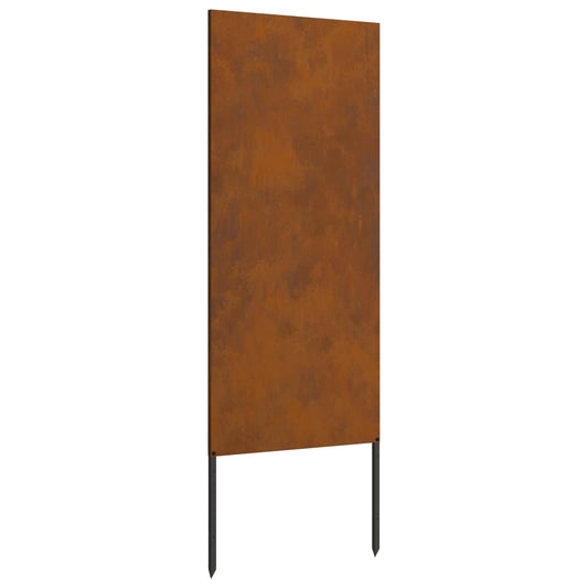 the rusty weathering steel garden screen with two ground spikes