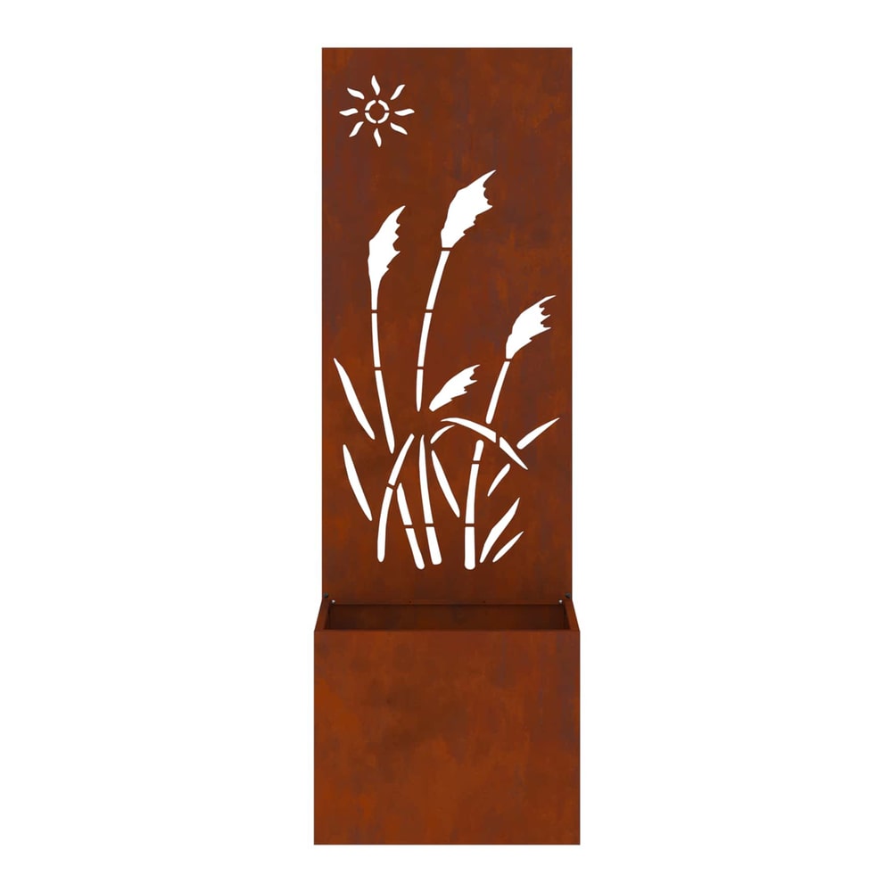 The garden privacy screen with planter box showing the rusty weathering steel finish