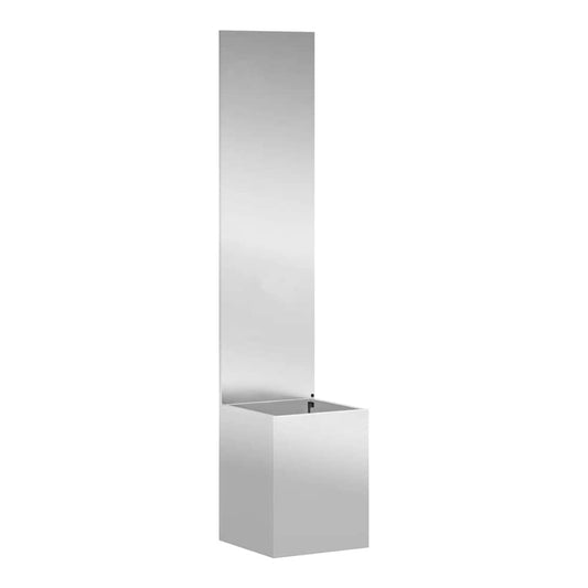 The silver privacy screen with planter box, showing the tall reflective panel