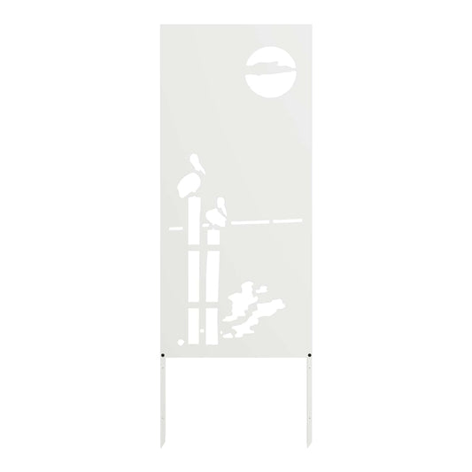 The garden privacy screen, a white panel with a cut-out design of two birds on a fence post and a sun