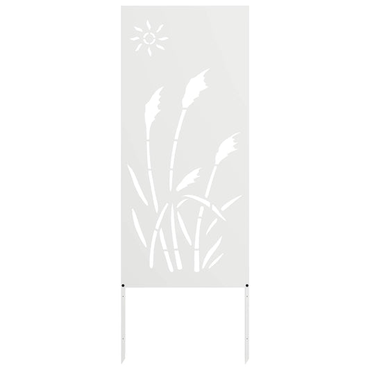 The white privacy screen with a cut-out sun and grass design on a plain white background
