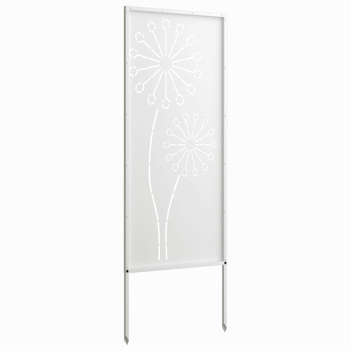 The garden privacy screen, a white panel with a dandelion motif, standing upright