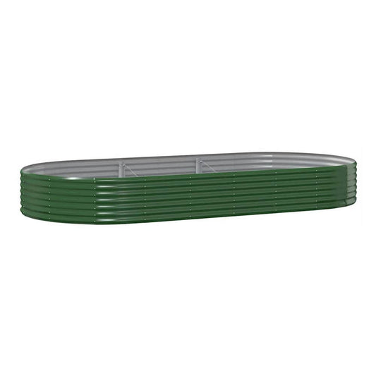 Green galvanised raised garden bed with internal supports, shown from a low angle