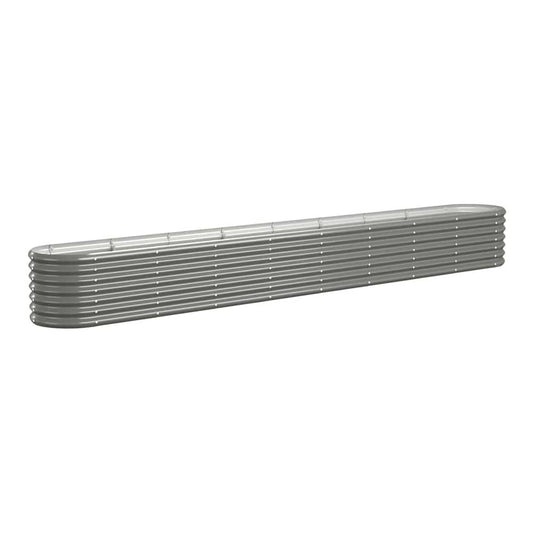 Galvanised raised garden bed, long and narrow, showing corrugated texture