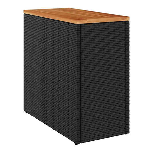 the outdoor table with a black woven base and a smooth wooden top on a white background