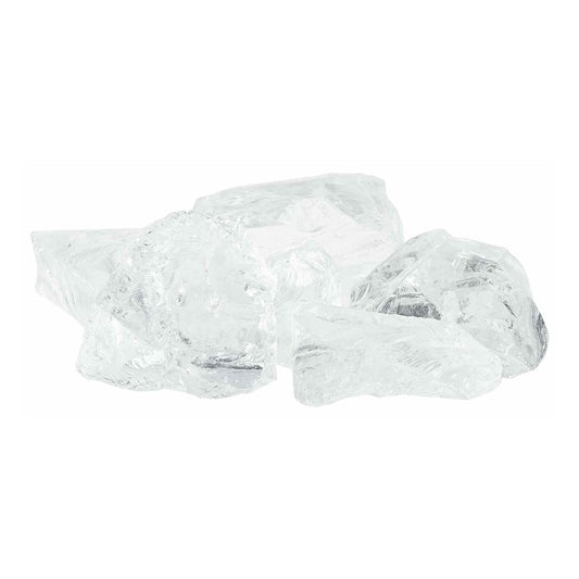Close up of several clear glass chunks used as garden stones